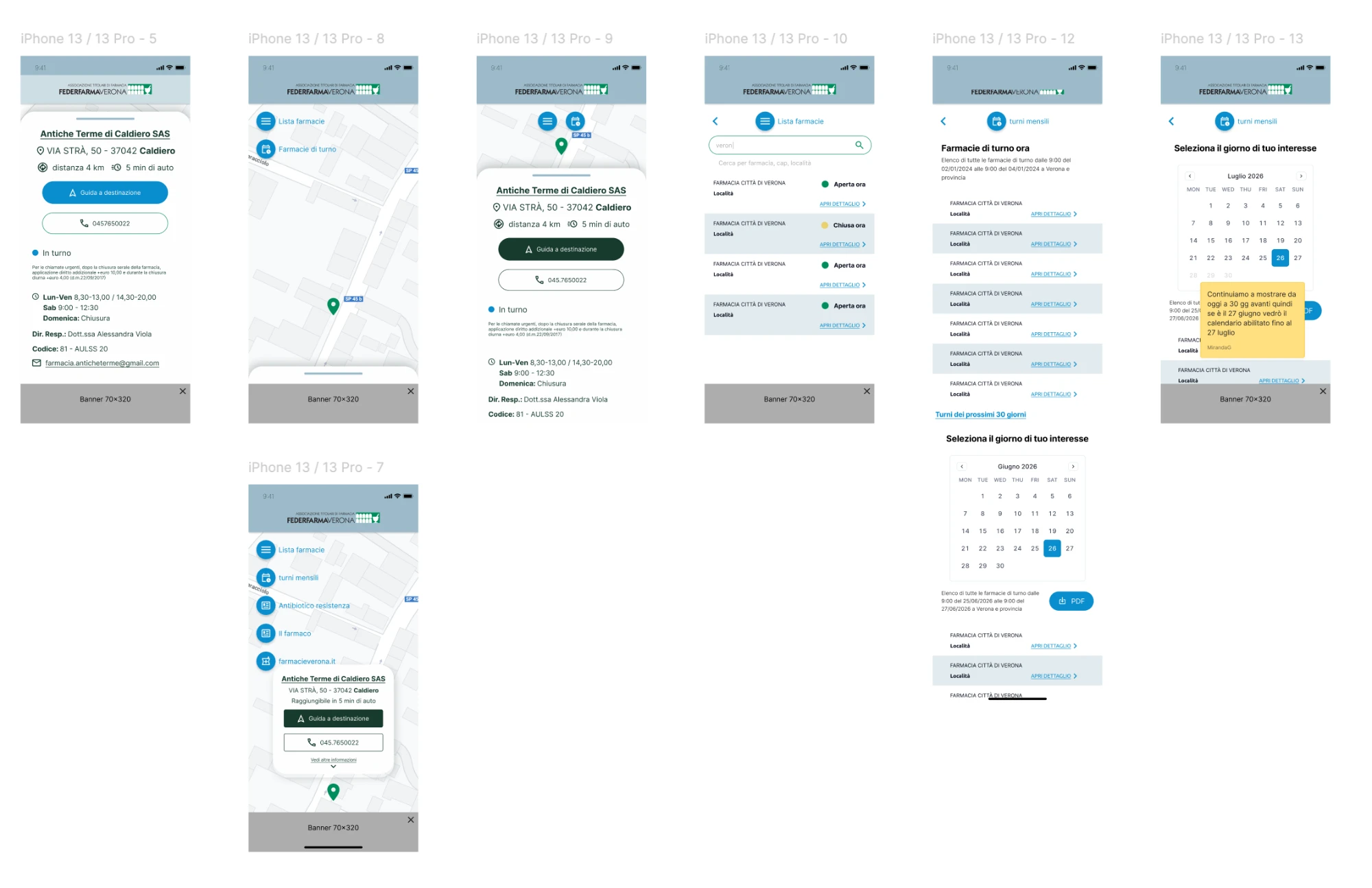 Schermate iPhone della web app pubblica: sede piu vicina con mappa, menu, lista sedi con stato aperta/chiusa, turni mensili con calendario