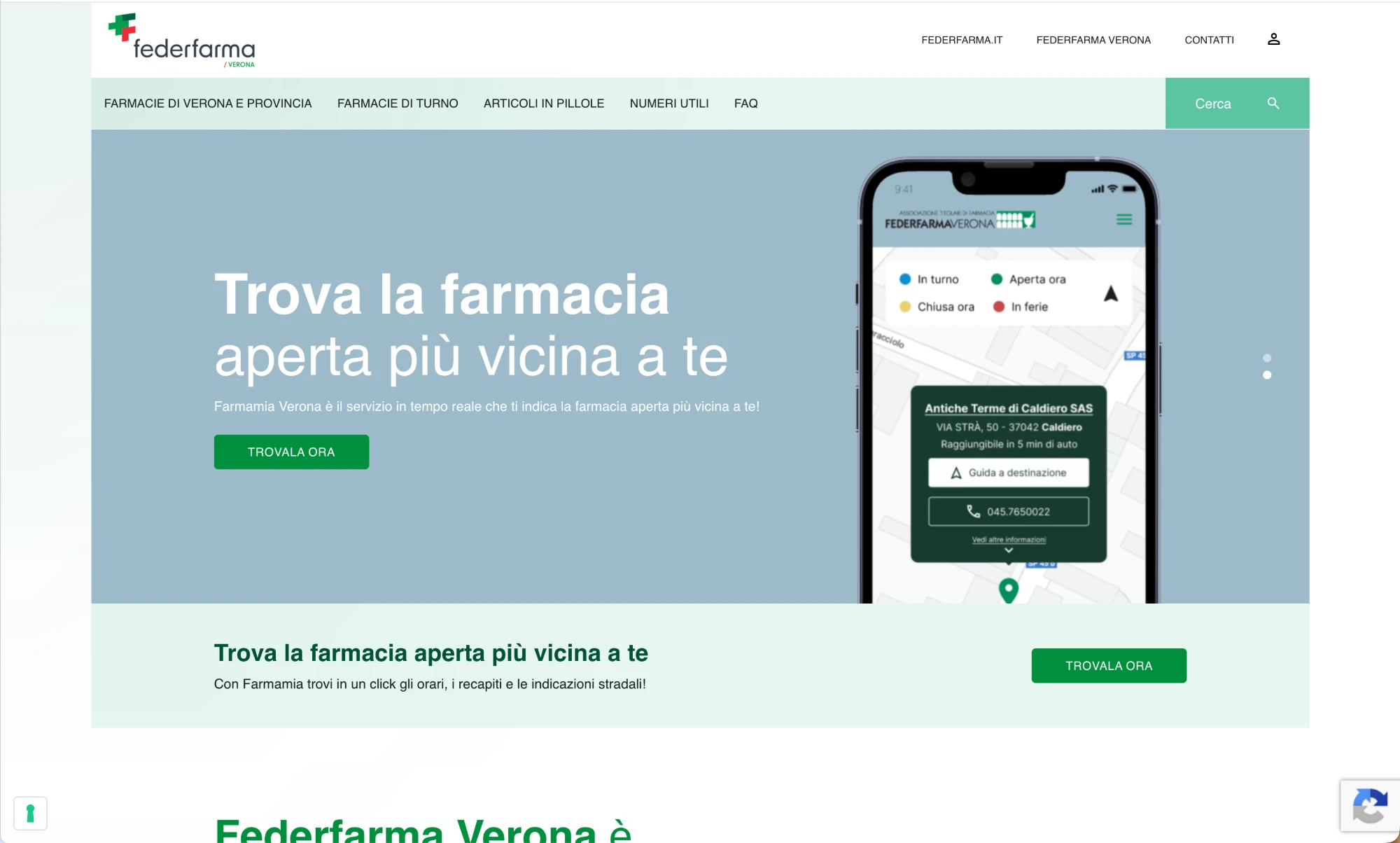 Homepage sito istituzionale: hero con CTA Trova la sede aperta piu vicina e mockup della web app