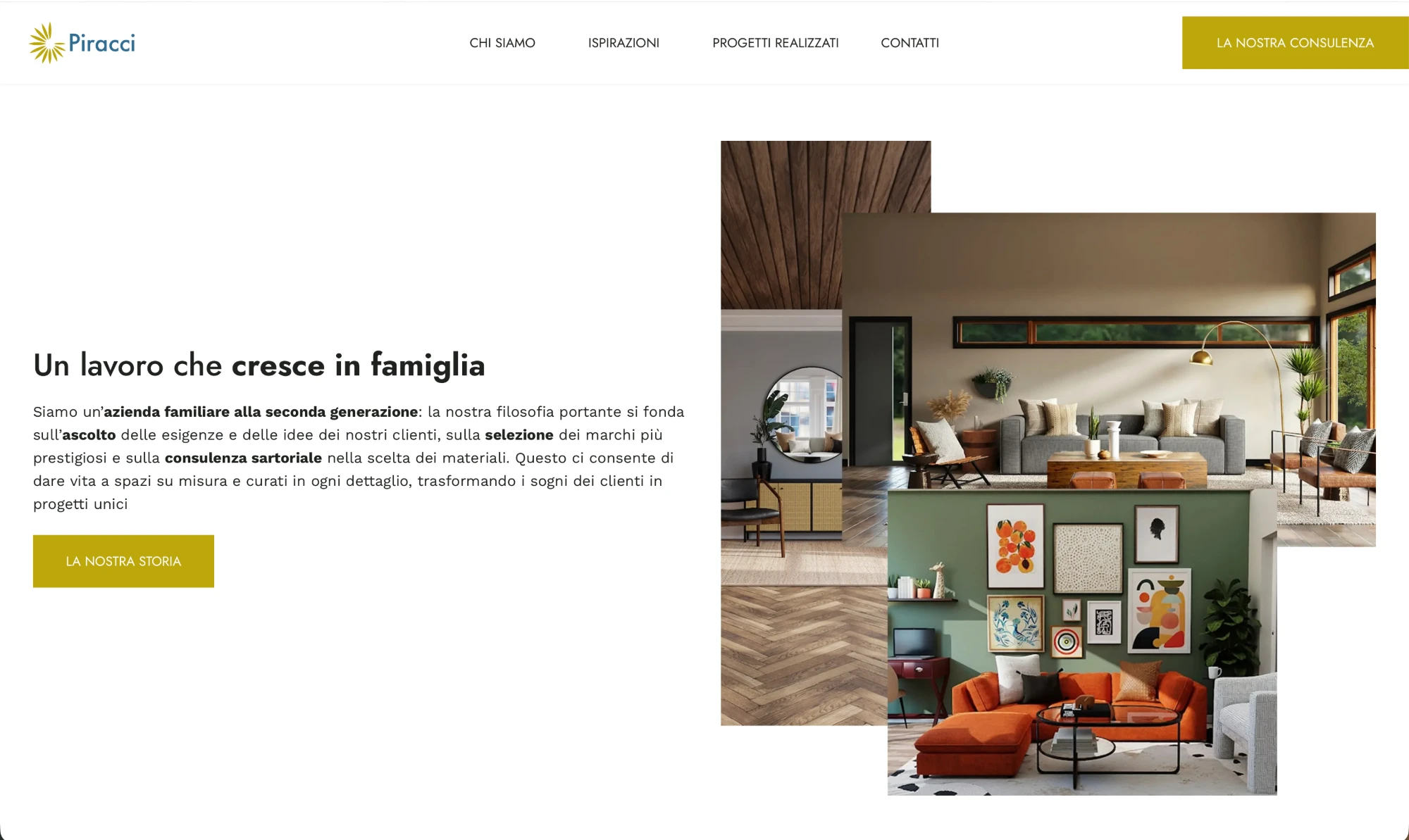Sezione Chi siamo del nuovo sito: identità familiare, collage fotografico d'ambiente, testo sulla consulenza sartoriale