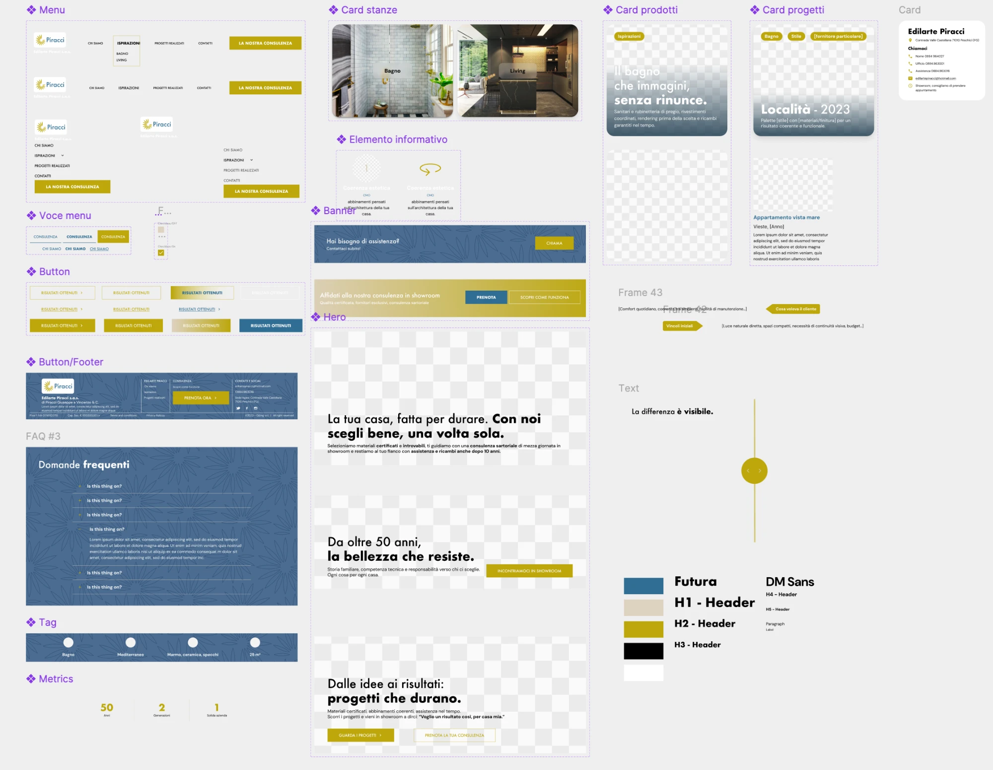 Design system Edilarte Piracci: componenti, tipografia Futura e DM Sans, palette blu-ocra-nero, hero sections, card prodotto e card stanze