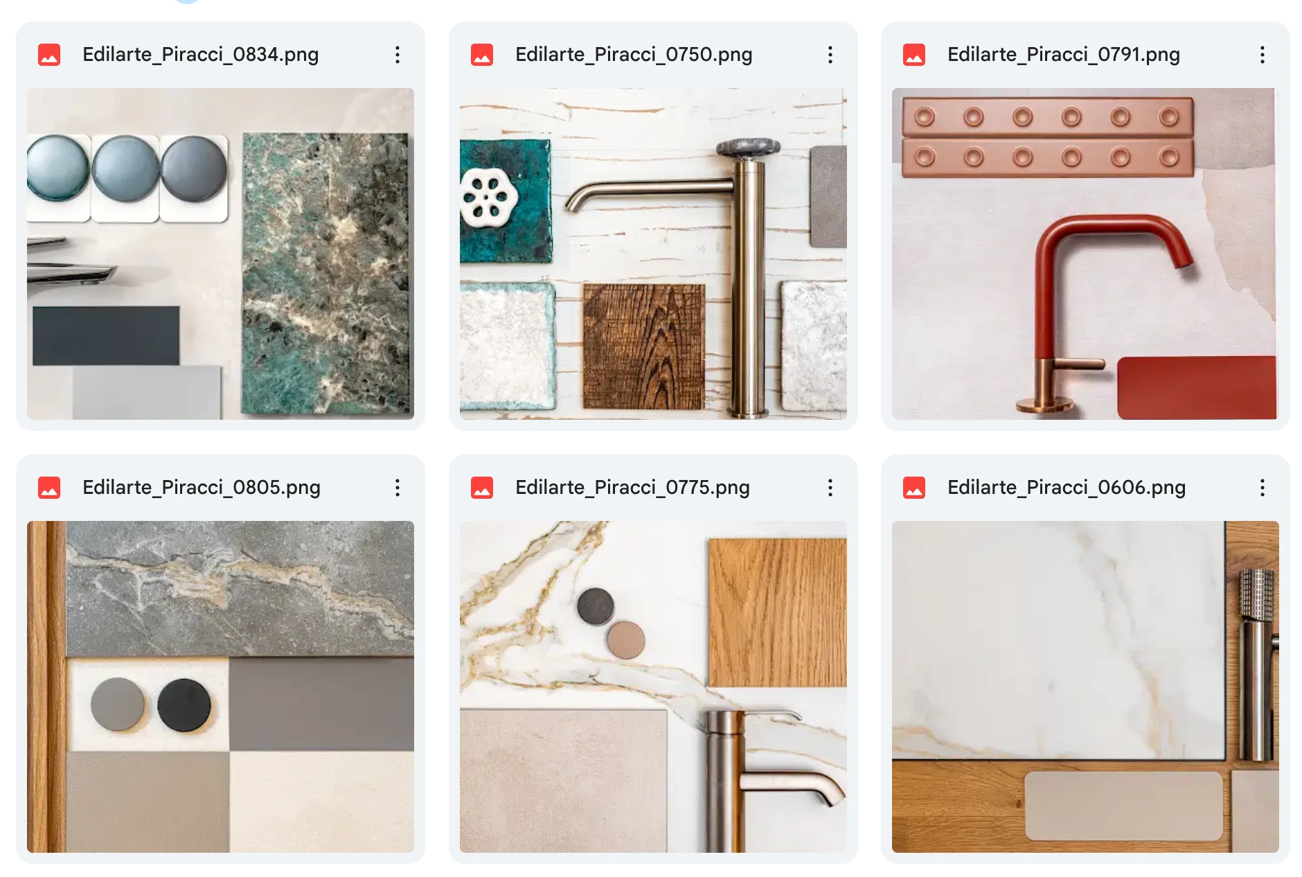 Direzione creativa con il fotografo: moodboard di abbinamenti materiali (marmi, ceramiche, rubinetterie) che raccontano la consulenza sartoriale dell'azienda